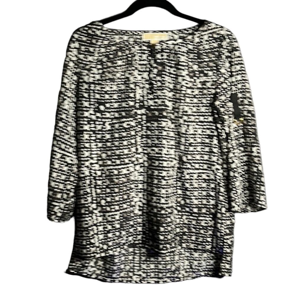 Michael Kors Black White Geometric Print Keyhole Neck Blouse Small